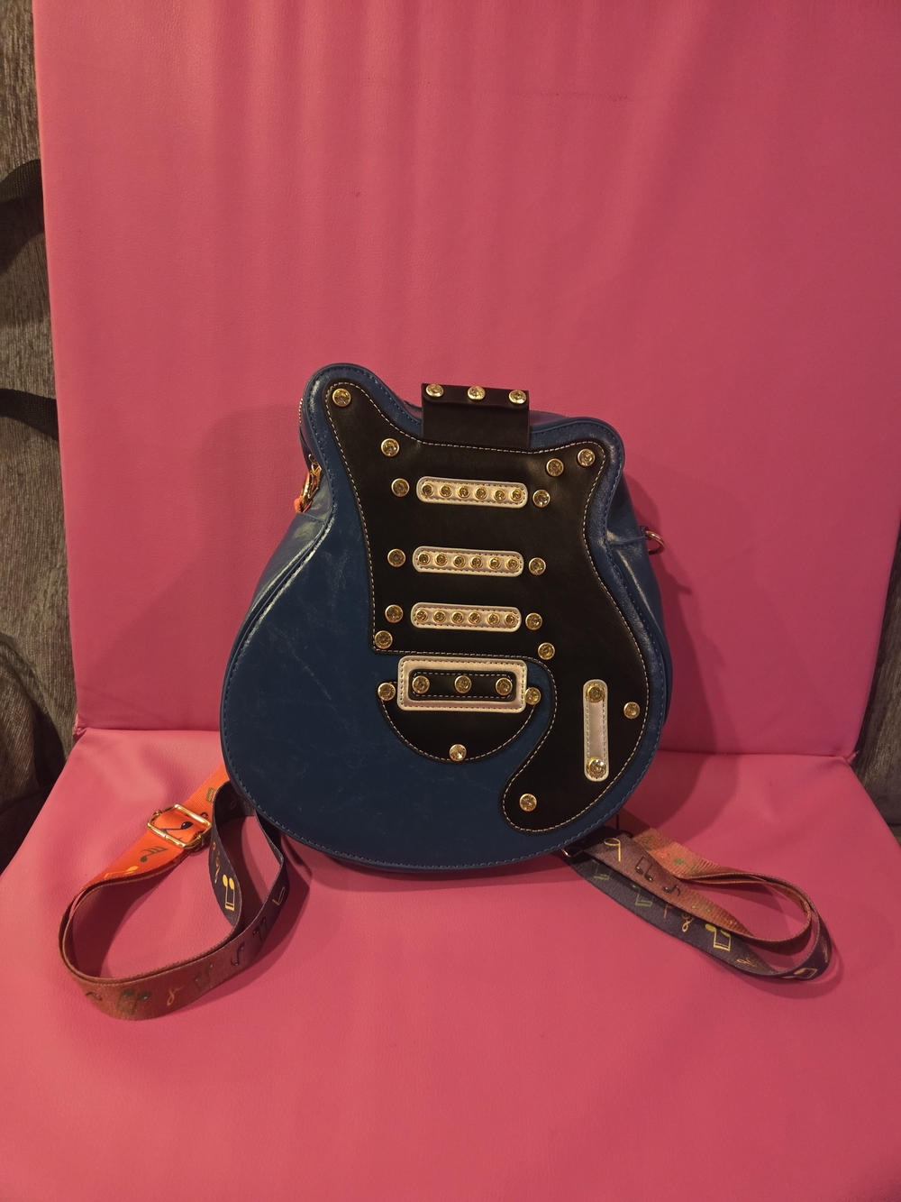 Blue Guitar-Shaped Crossbody Bag Or Bookbag with Gold Hardware